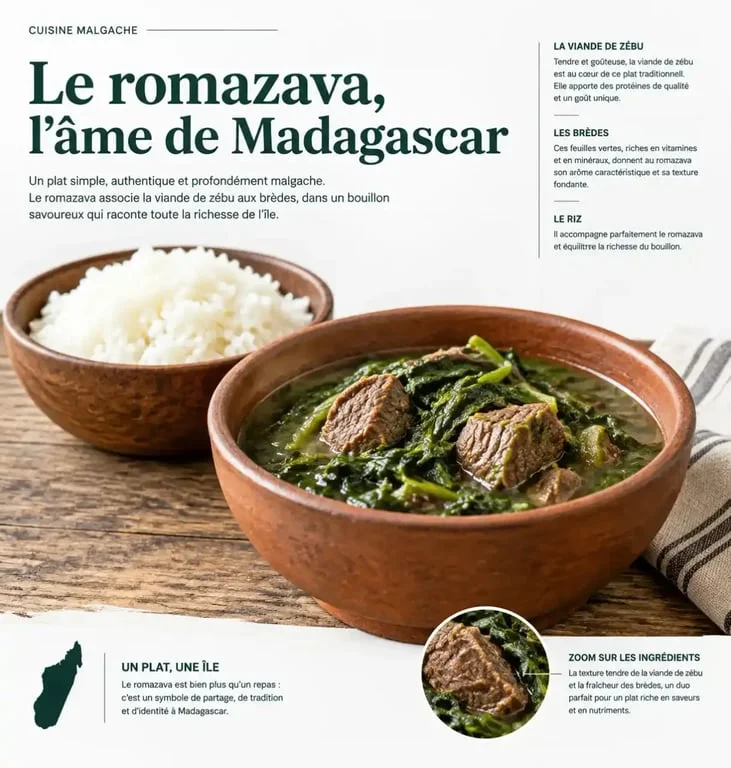Plats malgaches traditionnels : un bol de riz et du romazava, spécialité culinaire emblématique de Madagascar
