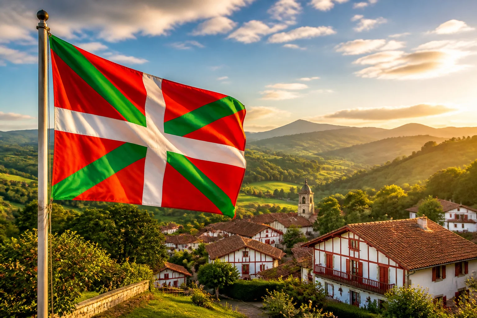 Drapeau basque au soleil couchant