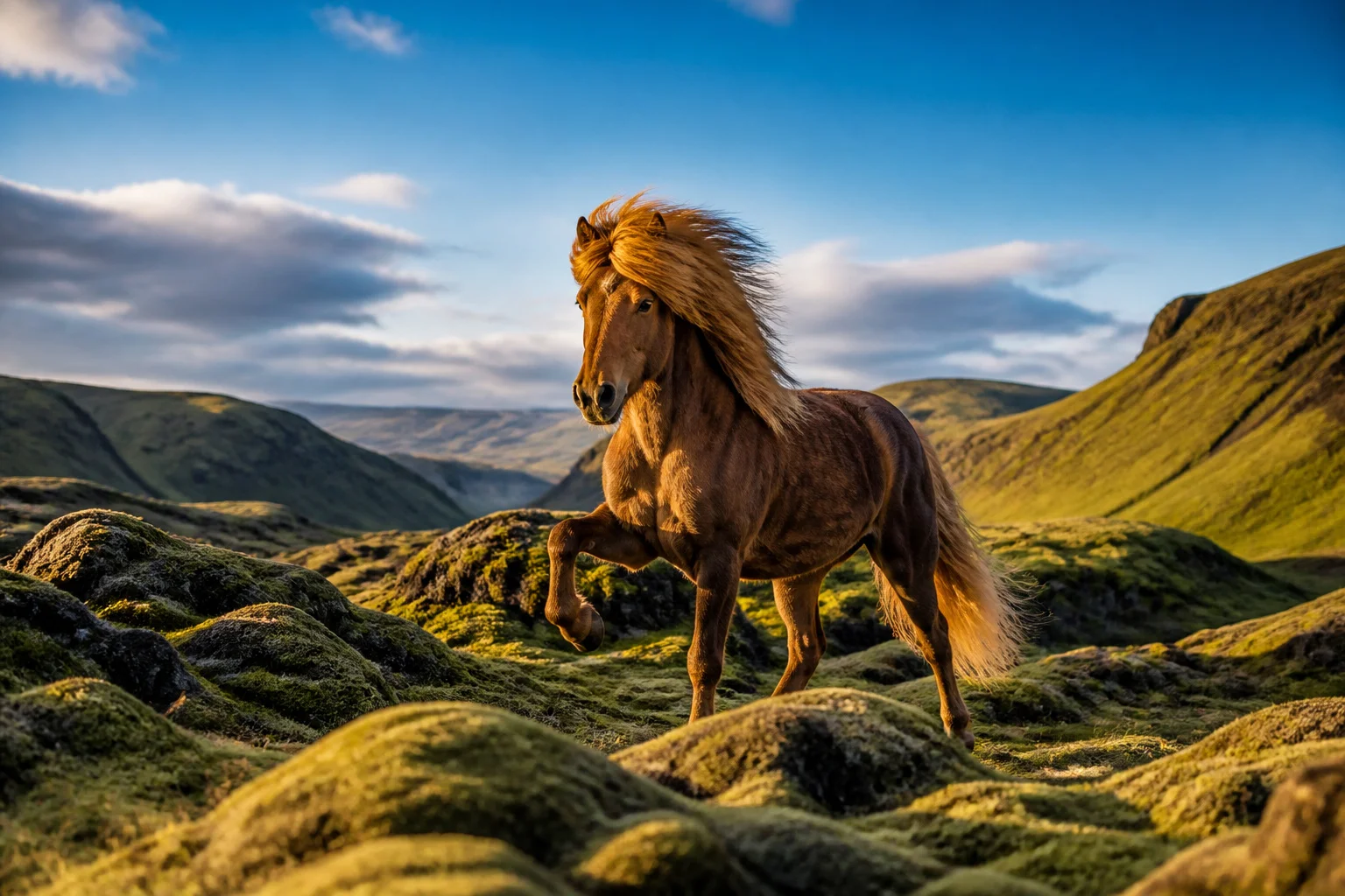 Cheval islandais majestueux au coucher du soleil