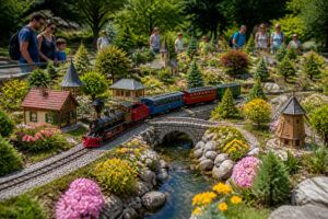 Train miniature dans un jardin luxuriant