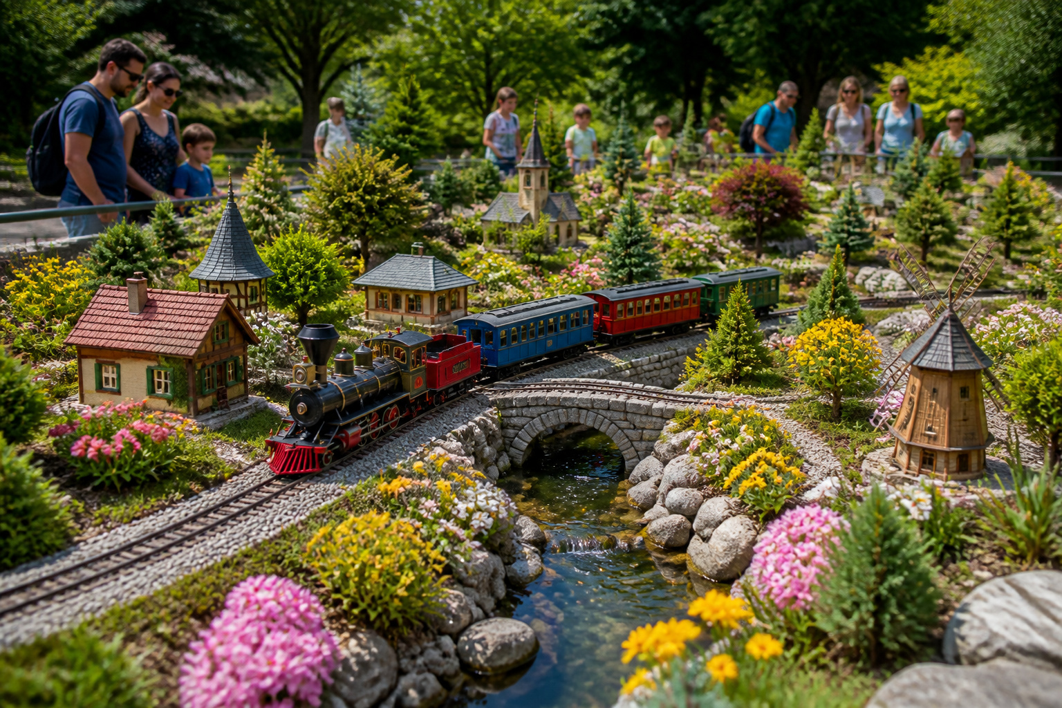 Train miniature dans un jardin luxuriant