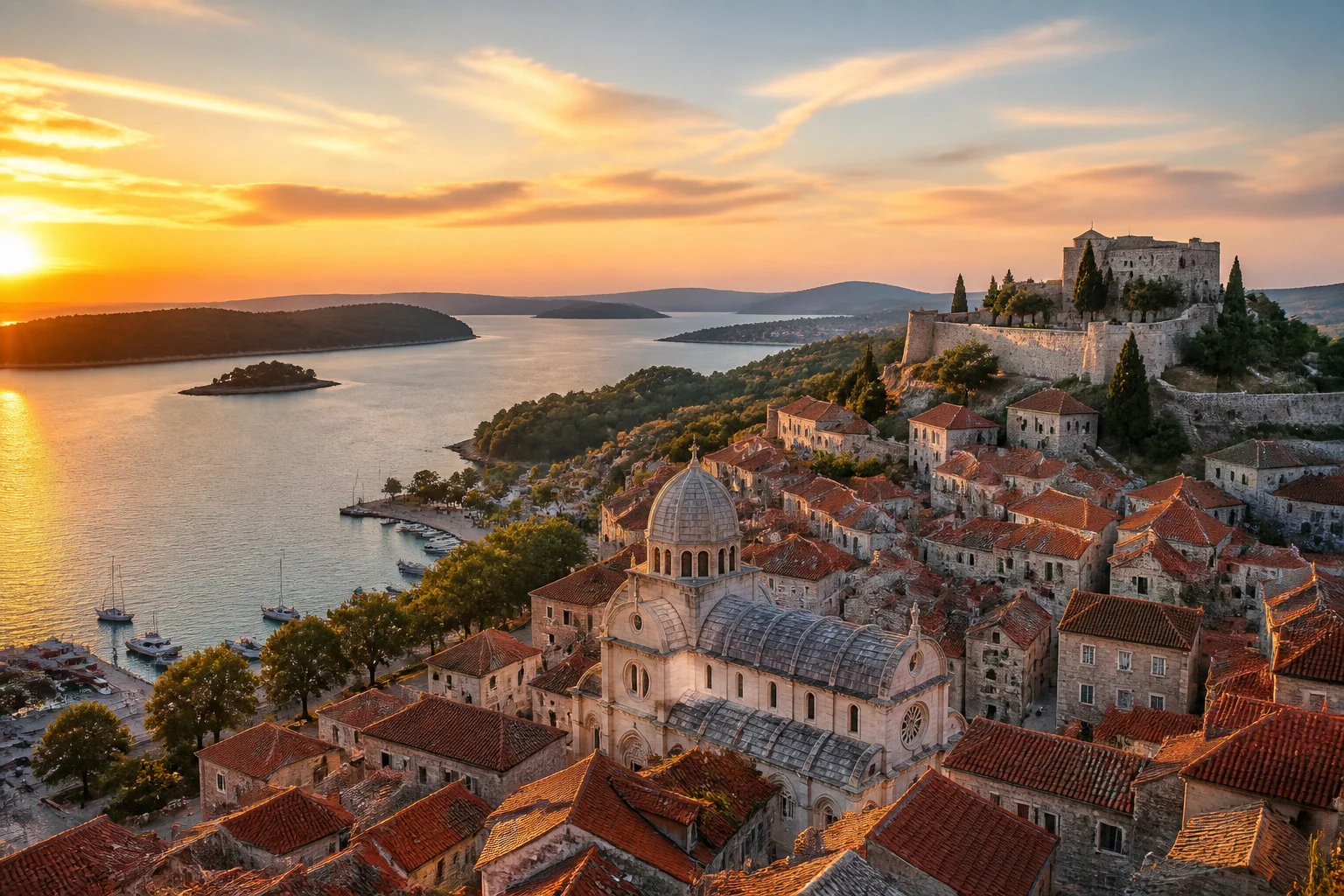 Sibenik au coucher du soleil dore