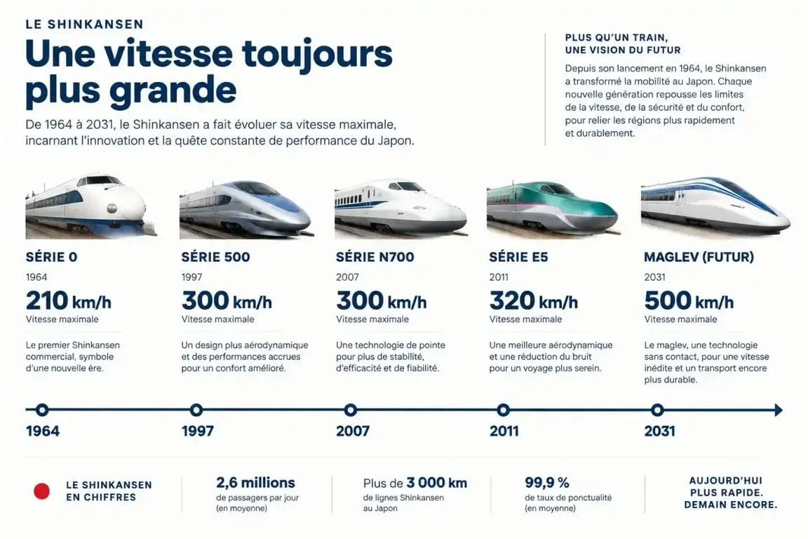Évolution de la vitesse maximale des trains Shinkansen de 1964 à 2031